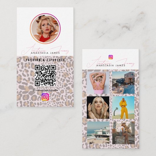 6 Photo Grid Social Media QR Code Leopard Print Visitekaartje (Voorkant / Achterkant)