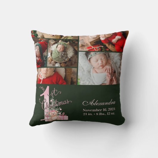 6 Photo  Pink Green Baby First Christmas Kussen (Achterkant)