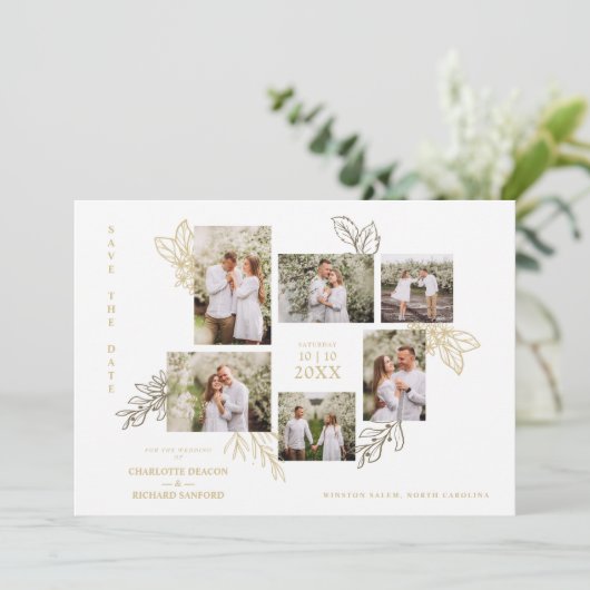 6 Photos Collage Wedding Botanical Branches Frame Save The Date (Staand voorkant)