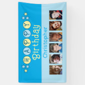 6 photos happy birthday name kids blue party spandoek (Verticaal)