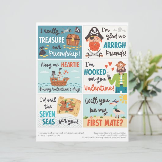 6 Pirate Kinder Classroom Valentijnsdag Kaarten Briefhoofd (Staand voorkant)