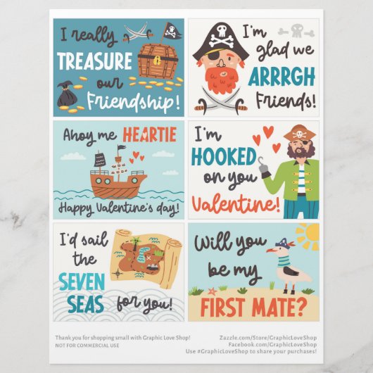 6 Pirate Kinder Classroom Valentijnsdag Kaarten Briefhoofd (Voorkant)