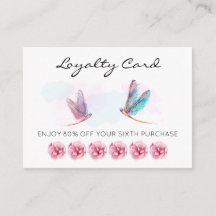 *~* 6 Punch Hole Pink Blue Dragonfly Loyalty Card