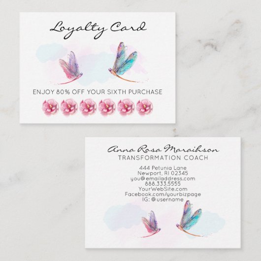 *~* 6 Punch Hole Pink Blue Dragonfly Loyalty Card (Voorkant / Achterkant)