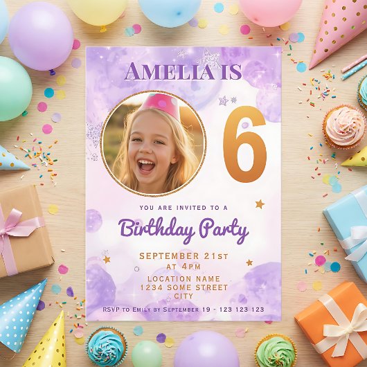 6 Purple Gold Star Bubbles 6th Birthday Invitation Kaart