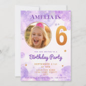 6 Purple Gold Star Bubbles 6th Birthday Invitation Kaart (Voorkant)