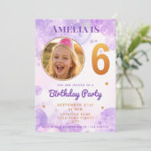 6 Purple Gold Star Bubbles 6th Birthday Invitation Kaart (Staand voorkant)