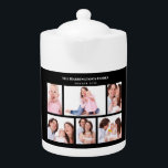 6 Secties Aangepast foto Eenvoudig elegant zwart L Theepot<br><div class="desc">De liefste plaatsing van zes familiefoto's in een eenvoudige elegante minimalistische collage verdeeld in 3 delen bovenaan en 3 delen onderaan met teksten onderaan. Pas het aan met uw eigen foto's en teksten van uw familie (vrienden of reünie). Ideaal als een aangepast gedenkwaardig cadeau voor je geliefden.</div>