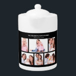 6 Secties Aangepast foto Eenvoudig elegant zwart L Theepot<br><div class="desc">De liefste plaatsing van zes familiefoto's in een eenvoudige elegante minimalistische collage verdeeld in 3 delen bovenaan en 3 delen onderaan met teksten onderaan. Pas het aan met uw eigen foto's en teksten van uw familie (vrienden of reünie). Ideaal als een aangepast gedenkwaardig cadeau voor je geliefden.</div>