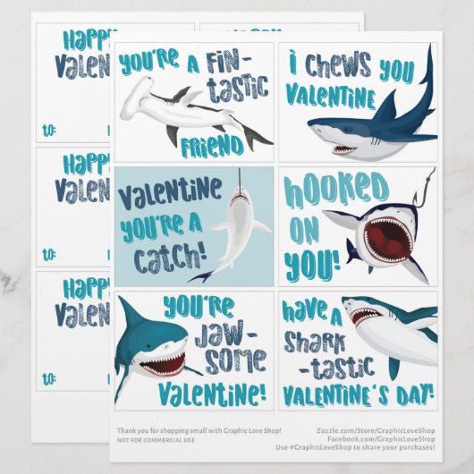 6 Shark Kinder Classroom Valentijnsdagen Kaarten Briefhoofd (Voorkant / Achterkant)