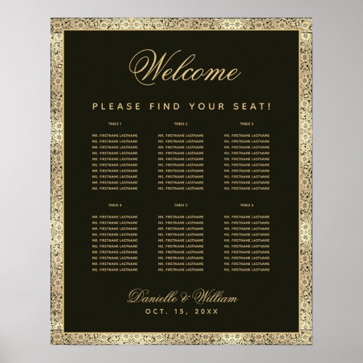 6 Tabel Elegant Black Gold Wedding Seating Chart Poster (Voorkant)