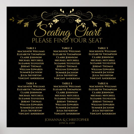 6 Tabel Elegant Gold & Black Wedding Seating Chart Poster (Voorkant)