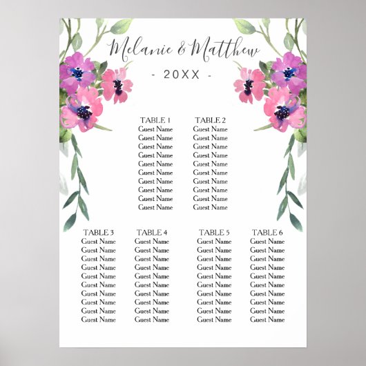 6 Tabel | Eucalyptus Bloemen Bruiloft Zitkaarten Poster (Voorkant)