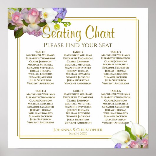 6 Tabel Floral Pastel Spring Wedding Seding Chart Poster (Voorkant)