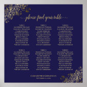 6 Tabel Lacy Gold Wedding Seating Chart Navy Blue Poster (Voorkant)