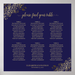 6 Tabel Lacy Gold Wedding Seating Chart Navy Blue Poster
