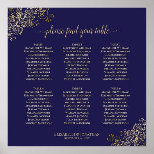6 Tabel Lacy Gold Wedding Seating Chart Navy Blue Poster (Voorkant)