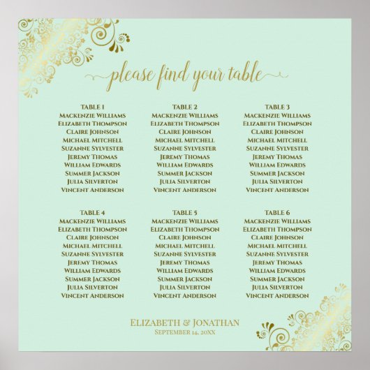 6 Tabel Neo Mint & Gold Wedding Seating Chart Poster (Voorkant)