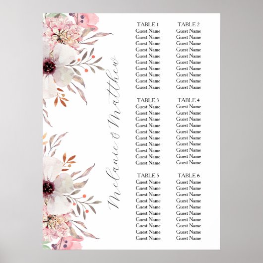6 Tabel | Rustieke Boho Floral bruiloft zitgrafiek Poster (Voorkant)