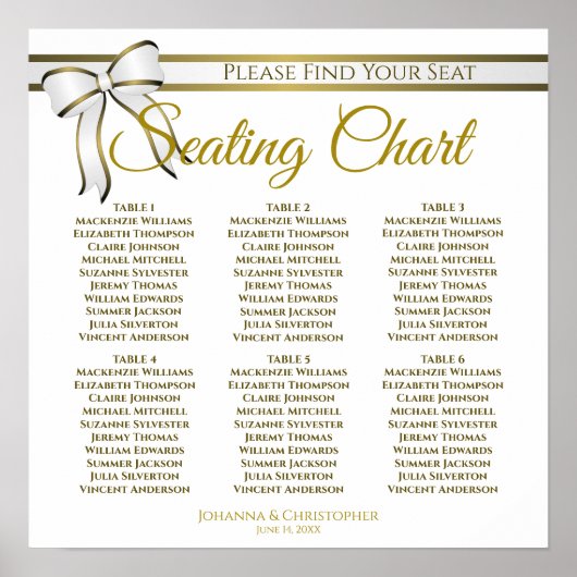 6 Tabel White & Gold Ribbon Wedding Seating Chart Poster (Voorkant)