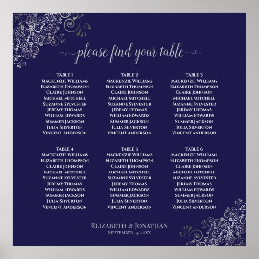 6 Tabel Zilveren en marinesurft Blue Wedding Seati Poster (Voorkant)