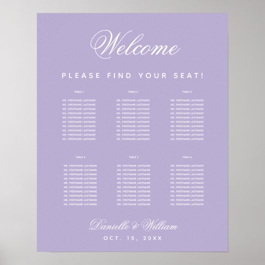 6 Tables Lavender Wedding Paars Seating Chart Poster (Voorkant)