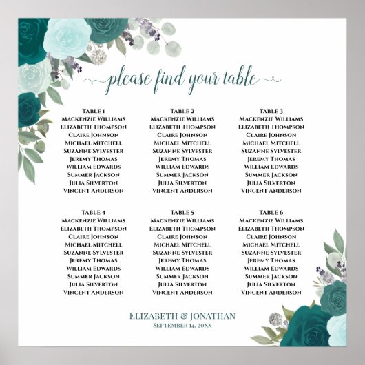 6 tafel Blauwgroen Rozen Boho bruiloft zitgrafiek Poster (Voorkant)