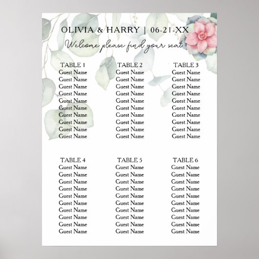 6 Tafel Bloemen Groen Bruiloft Zitkaarten Poster (Voorkant)