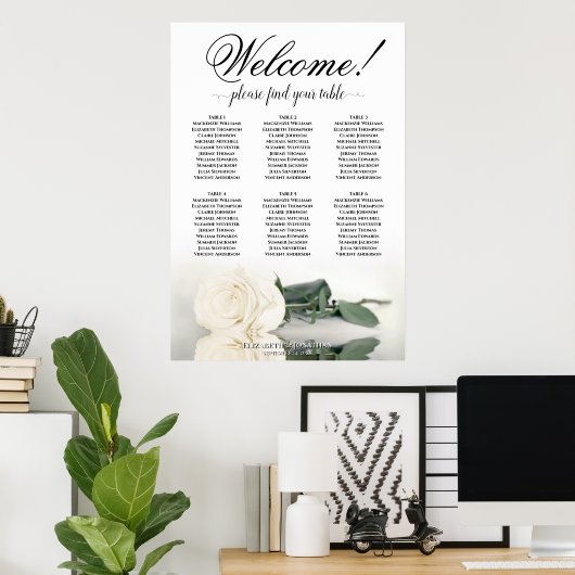 6 Tafel Elegant Wit Rose Bruiloft Zittafel Poster (Thuiskantoor)