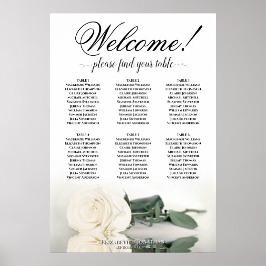 6 Tafel Elegant Wit Rose Bruiloft Zittafel Poster (Voorkant)