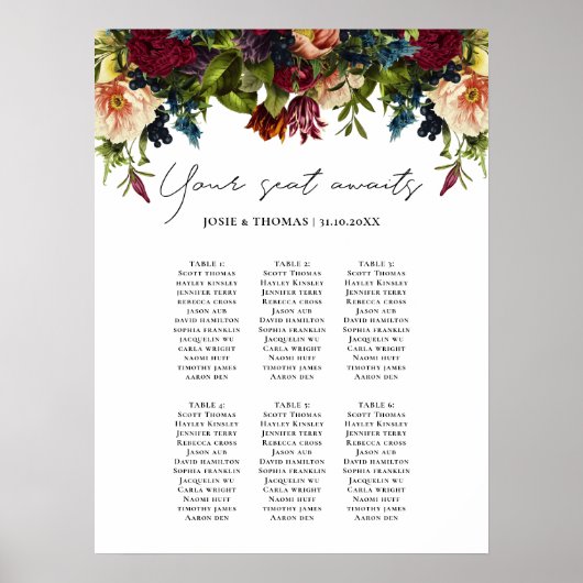 6 tafel Moody Floral Bourgondië bruiloft zitschema Poster (Voorkant)
