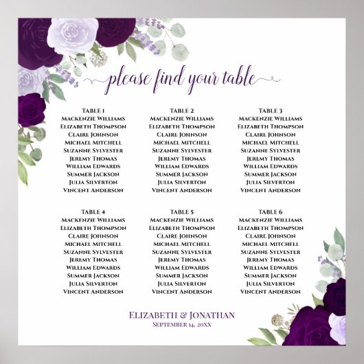 6 Tafel Paarse Bloemen Boho Bruiloft Zitkaarten Poster (Voorkant)