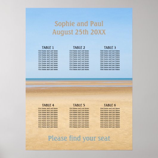 6 Tafel Strand Bruiloft Zitplaatsen Chart Poster (Voorkant)