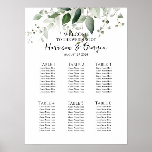 6 tafels groen elegante bruiloft zitgrafiek poster (Voorkant)