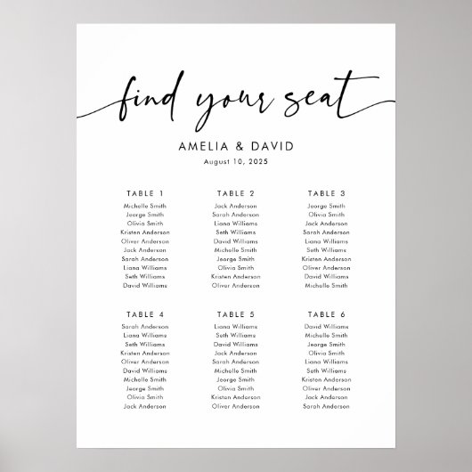 6 tafels Vind uw zitplaatskaart Poster (Voorkant)