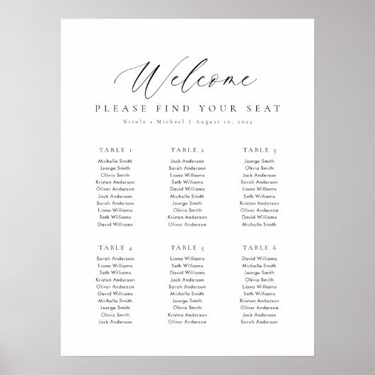 6 Tafels Welkom Zitplaatskaart Poster (Voorkant)