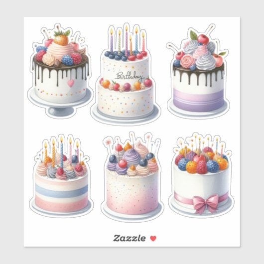 6 verjaardagstaarten sticker (Vel)