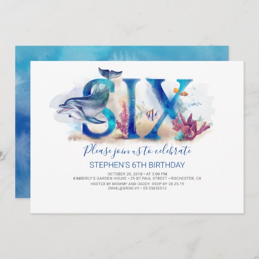 6 Verjaardagsuitnodiging Deep Blue Onder het Zee L Kaart (Voorkant / Achterkant)
