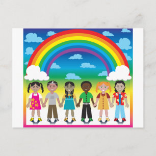 6 vrolijke kinderen onder een regenboog met een kl briefkaart