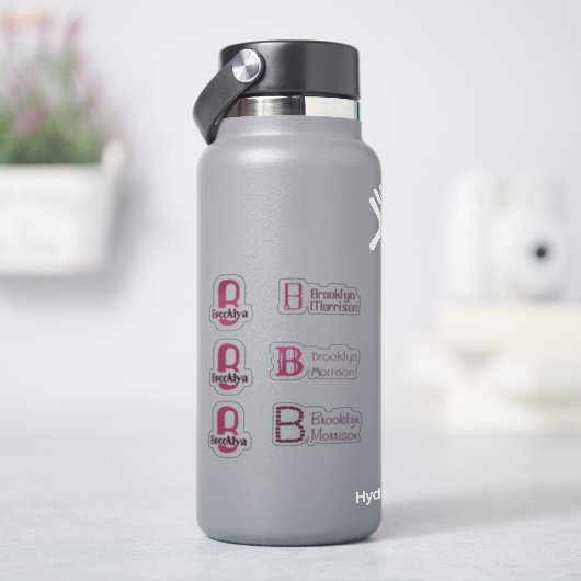 6 waterbestendige Roze Monogram Naam Kinder waterf Sticker (HydroFlask)