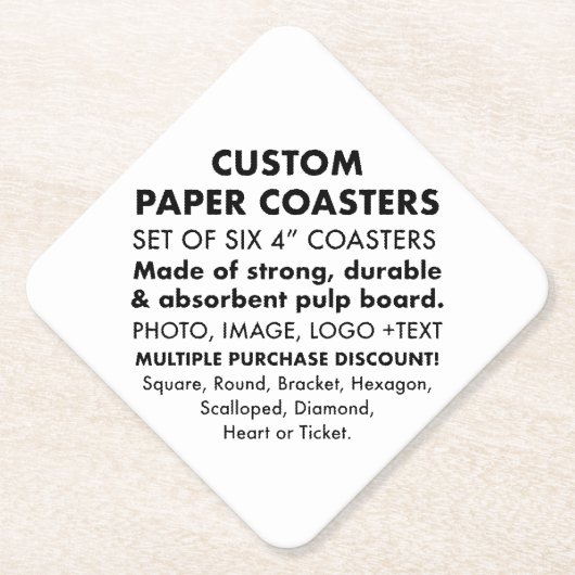6 x Aangepaste Gepersonaliseerde 4" DIAMOND Papier Kartonnen Onderzetters (Voorkant)