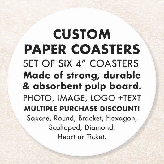 6 x Aangepaste gepersonaliseerde 4" RONDE PAPIEREN Ronde Kartonnen Onderzetter (Voorkant)