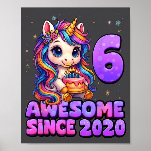 6 Year Old Girl Awesome Since 2020 Unicorn 6th Bir Poster (Voorkant)