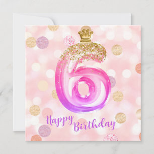 6de Roze Paars Gouden Verjaardagskaart voor Meisje Kaart