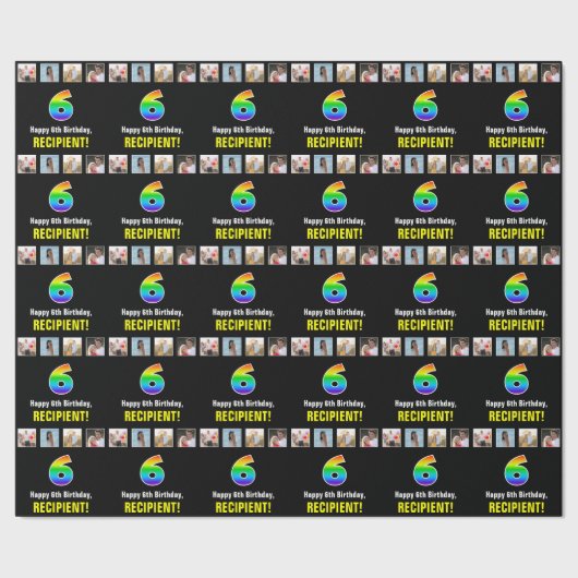 6de verjaardag: Regenboog "6"; Aangepaste Foto's & Cadeaupapier (Zoom)