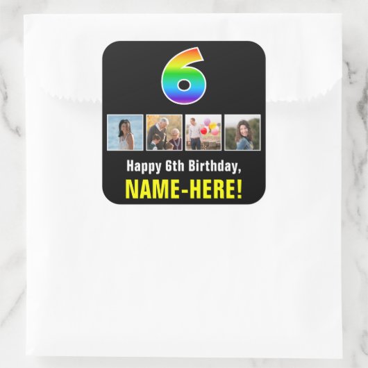 6de verjaardag: Regenboog "6"; Aangepaste Foto's & Vierkante Sticker (Tas)