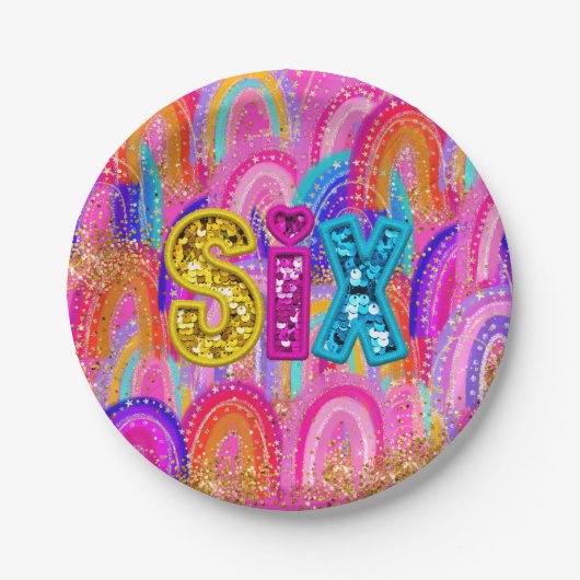 6de verjaardag regenboog sequin papieren bordje (Voorkant)