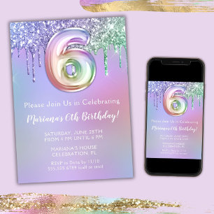 6de verjaardagsfeest uitnodiging paars roze glitte