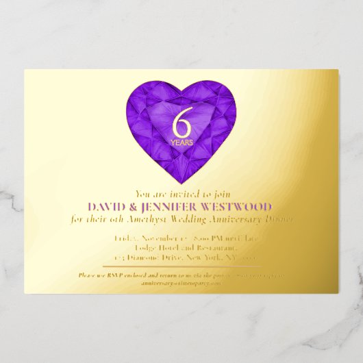 6e Amethist Bruiloft Jubileum waterverf hart Folie Uitnodiging (Voorkant)