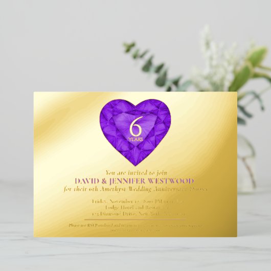 6e Amethist Bruiloft Jubileum waterverf hart Folie Uitnodiging (Staand Voorkant)